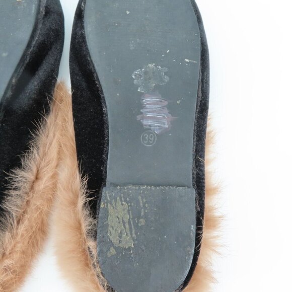 Womens 39 Black Velvet Gold Metal Horse Bit Brown Rabbit Fur Slide Shoes Slipper - Picture 9 of 11